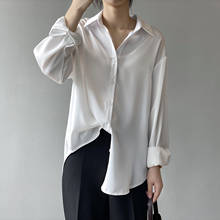 Blusa holgada De satén con solapa para Mujer, camisa blanca De manga larga De Color liso, estilo coreano, a la Moda, primavera 2021 2024 - compra barato