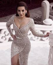 Sexy Long Sleeve Evening Dresses Sparkling Diamond Beaded Sequin V Neck Split Dubai Formal Carpet Party Celebrity Prom Gown 2022 2024 - buy cheap
