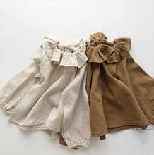 Camisetas para niña pequeña, blusas de lino de Color Beige y marrón, Tops con volantes de manga larga, ropa para niño 2024 - compra barato