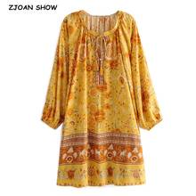 Bohemia Bandage Lacing up V Neck Floral Print Long Sleeve BOHO Dress Hippie Women Loose Straight Short Dresses Holiday Gold 2024 - buy cheap