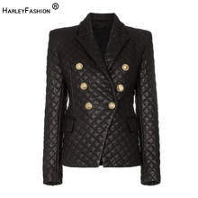 HarleyFashion Luxury Winter Design Outerwear Warm Cotton Inside Women Casual Black Blazers Plaid Slim PU Leather Jacket 2024 - buy cheap