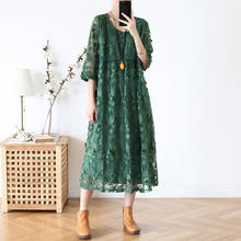 Johnature Vintage Green Embroidery Floral Women Dresses 2021 Spring New O-Neck Short Sleeve Casual A-Line Female Chiffon Dresses 2024 - buy cheap