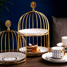 Birdcage Shape Cake Stand Double Metal Cake Stand Ceramics Fruit Dessert Plate Party Decoration Tool Home Cake Decoration Tools 2024 - buy cheap