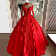Red Muslim Evening Dresses Ball Gown Long Sleeves Appliques Feather Pearls Dubai Saudi Arabic Long Evening Gown Prom Dress 2024 - buy cheap