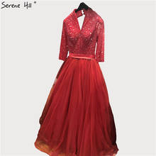 Dubai Red Long Sleeves Sexy Prom Dresses 2020 V-Neck Beading Lace Up A-Line Prom Gowns Serene Hill BLA70261 2024 - buy cheap