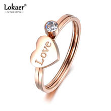 Anel de coração de amor de aço inoxidável 2 em 1 lokaer, design clássico, ouro rosa, micro cz, cristal, anéis de aniversário para mulheres, meninas, r19026 2024 - compre barato