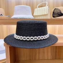 Terno de palha de trigo natural, chapéu feminino elegante com pérolas e aba larga, estilo oxford, moda praia, sol, verão 2024 - compre barato
