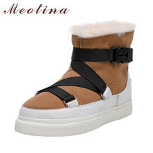 Meotina-Botas de nieve planas para mujer, botines cálidos sin cordones, de piel auténtica Natural y ante de vaca, color marrón 42 2024 - compra barato