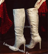 Linamong Luxurious Pointed Toe Rhinestone Stiletto Heel Knee High Boots Bling Bling Crystal Long High Heel Boots Wedding Heels 2024 - buy cheap
