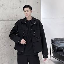 Homens rebite vintage moda casual solto curto jaqueta masculina coreano streetwear preto casaco outerwear 2024 - compre barato