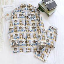 2 Piece Cotton Pajamas Sets Long Sleeve Cartoon Men And Women Nightwear Casual Gauze Home Clothes Sleepwear Couple Pajamas Set 2024 - buy cheap