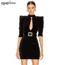 Free Shipping Chic Women's Velvet Dress Sexy Stand Collar Long Sleeve Belt Bodycon Hollow Mini Dress 2021 New Club Party Dresses 2024 - buy cheap