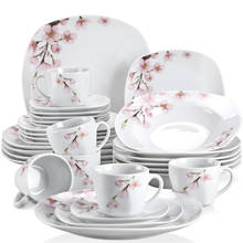 Veweet conjunto de prato de cerâmica, 30 peças, branco, rosa, floral, porcelana, com prato de jantar, prato de sopa, prato de sobremesa, copos e pires 2024 - compre barato