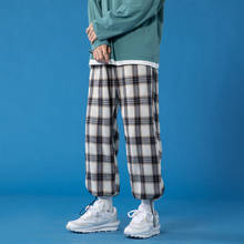 Calça esportiva masculina, xadrez preta, harem reta masculina, calças coreanas de hip hop, calças cargo, tamanho grande 2024 - compre barato
