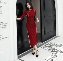 Vestido cheongsam vermelho chinês, vestidos largos, roupas de casamento torradas, vestido de noiva, menina jovem, vestido longalgodão e linho, vestido cheongsam 2024 - compre barato