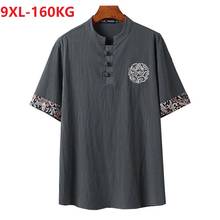high quality summer japan style linen Short Sleeve Tshirt floral Men plus size 8XL 9XL casual vintage tees loose khaki blue gray 2024 - buy cheap