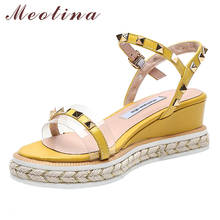 Meotina Summer Sandals Women Shoes Natural Genuine Leather Buckle Wedge High Heel Shoes Real Leather Rivets Sandals Lady Size 40 2024 - buy cheap