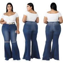 Plus Size XL-5XL Women Flare Jeans High Waist Fashion Holes Ripped Light Washed Big Size Female Bell Bottom Jeans Trousers Fall 2024 - buy cheap
