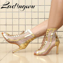 Ladingwu Women Ballroom Latin Dance Boots Lady`s Salsa Professional Dancing Shoes Golden Silver PU Mesh Dance Sandals 2022 - buy cheap