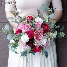 JaneVini New Romantic Eucalyptus Silk Roses Bridal Bouquets Artificial European Pink Fuchsia Flowers Wedding Bouquet Accessories 2024 - buy cheap