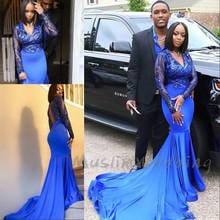 Royal Blue Plus Size Mermaid Prom Dresses For Black Girl 2020 With Long Sleeves Top Sequin Open Back African Evening Gowns Cheap 2024 - buy cheap