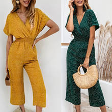 Women Polka Dot Jumpsuit High Waist Rompers Boho Yellow Short Sleeve V Neck Wide Leg Pants Pocket Summer 2020 Jumpsuits Ladies 2024 - buy cheap