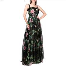Vestido largo elegante de verano para mujer, Vestido largo de gasa con tirantes finos y volantes, estampado Floral rosa, 2021 2024 - compra barato