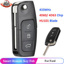 Keyecu-chave de carro remota com 3 botões, 433mhz, chip 4d60/4d63, para ford fusion focus, mondeo, fiesta, galaxy hu101 2024 - compre barato
