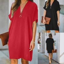 2XL Women Casual V Neck Short Sleeve Solid Color Loose Knee-Length Office Dress Elegant Party Dress Vestidos Large Size Hot Sale 2024 - buy cheap