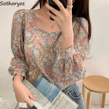 Camisa feminina estampa floral manga comprida gola quadrada elegante estilo coreano blusa feminina vintage casual estilosa ulzzang retro top 2024 - compre barato