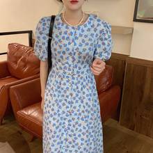 2020 Women Summer Vintage Elegant Floral Long Shirt Dress Puff Sleeve Round Collar High Waist A-line Midi Dresses 2024 - buy cheap