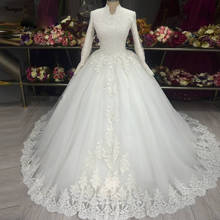 Vestido de noiva 2021, plus size, vestido de casamento muçulmano, gola alta, vestido de noiva com apliques, de manga comprida 2024 - compre barato