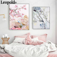 Chinese Style Ink Flower and Bird Canvas Painting Pink and Blue Bird Poster Wall Art Modern Living Room Bedroom Decoration 2024 - buy cheap