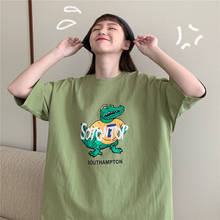 Camisetas femininas topos japonês kawaii ulzzang desenhos animados solto dinossauro impressão camiseta feminino coreano harajuku roupas para mulher 2024 - compre barato