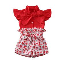 Conjunto de roupas infantil para meninas 1-6 anos, roupas com babados e laços, camisetas, estampas de melancia, shorts, roupas 2024 - compre barato