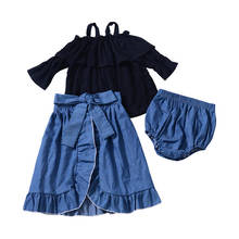Комплект одежды из 3 предметов для маленьких девочек Летняя футболка в горошек с открытыми плечами топ + джинсовая юбка с оборками + шорты, костюм комплект одежды для девочек 2024 - купить недорого
