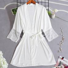 Robe feminino cetim curto, peça feminina kimono liso acabamento em renda 2024 - compre barato