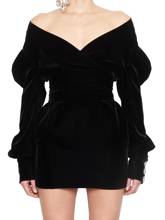 Slash Neck Sexy Party Velvet Dress Women Autumn V Neck Elegant Vintage Fleece Club Mini Dress Lantern Sleeve Short Black Vestido 2024 - buy cheap