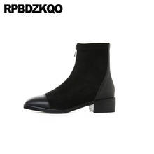 Ladies Front Zipper Big Size Genuine Leather Women Ankle Boots Medium Heel 10 Chunky Black Plus Shoes High Suede Square Toe Fall 2024 - buy cheap