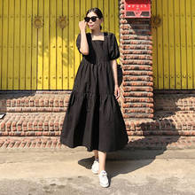 FairyNatural Korean Ladies Puff Sleeve Loose Dress 2021 Summer New Women Black Pink Casual Dresses Square Collar 2024 - buy cheap