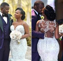Africano preto menina sereia vestidos de casamento sexy espaguete sheer voltar mais tamanho vestidos de noiva feito sob encomenda robe de mariée 2024 - compre barato