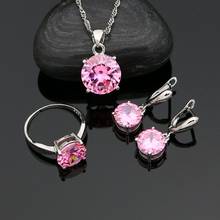 Silver 925 Jewelry Sets for Women Party Accessories Pink Cubic Zirconia Earrings Ring Necklace Pendant 2024 - buy cheap