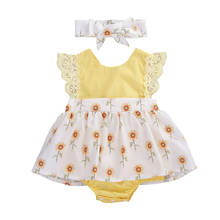 0-24m bebê recém-nascido infantil meninas bodysuits bandana 2 pçs sunflowers impressão rendas babados manga macacões 2024 - compre barato