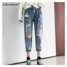 Schinteon tamanho 38 40 denim ripped buraco harem calças streetwear tornozelo-comprimento solto namorados calças jeans femininas cintura elástica 2024 - compre barato