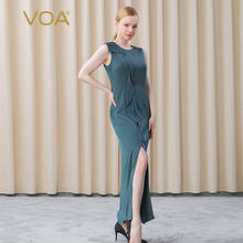 VOA Elegant Ruffles Silk O-Neck Women Spaghetti Split Long Dress Summer Chic Style Lady Party Tuxedo Sexy Solid Dresses AE722 2024 - buy cheap