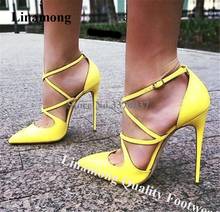 Charming Women Fashion Pointed Toe Yellow Leather Stiletto Heel Pumps Straps Cross High Heels Formal Dress Heels Wedding Shoes 2024 - buy cheap