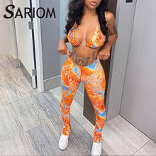 Printed Bodycon Women Two Piece Gym Set Fashion Lace Up Halter Bra Crop Top and High Waist Zipper Pants Leggings Co-ord Outfits 2024 - buy cheap