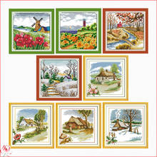 Joy Sunday Landscape Cross Stitch Kit DIY Pattern Four Seasons Embroidery 11CT 14CT Needlework Sewing Kit Home Deco Painting 2024 - buy cheap