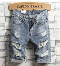 Shorts masculino de algodão azul claro, shorts curtos com rasgos, novos jeans para o verão, de alta qualidade, jeans reto 2024 - compre barato