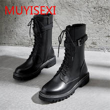 Full genuine leather lace up med heels punk superstar equestrian knee high boots buckle fasteners plus size 34-43 YT12 MUYISEXI 2024 - buy cheap